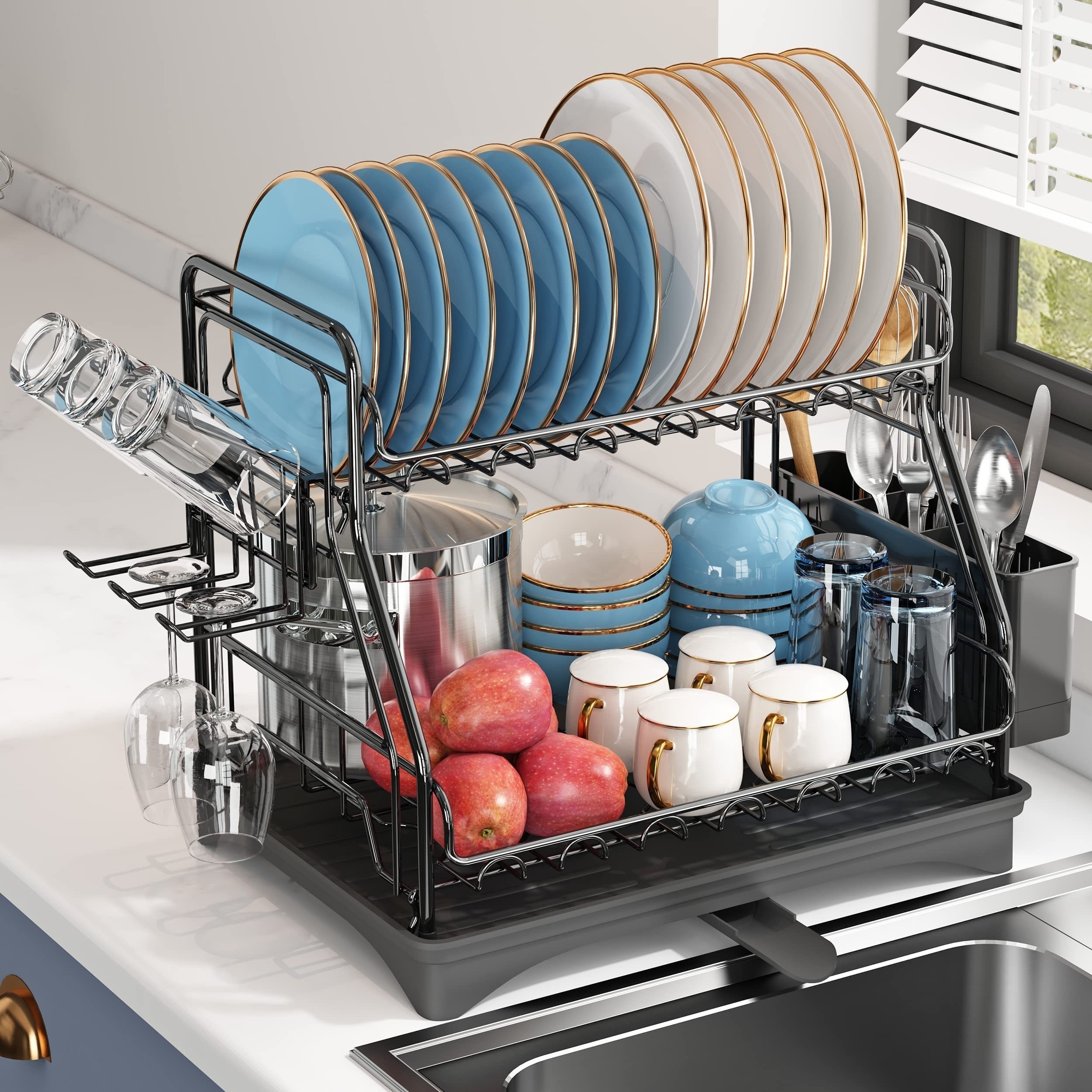 2 Tier Dish Drying Rack With Utensil Holder - Large Countertop Dish Drainer  And Drainboard Set For Efficient Dishwashing And Organization - Temu  Australia