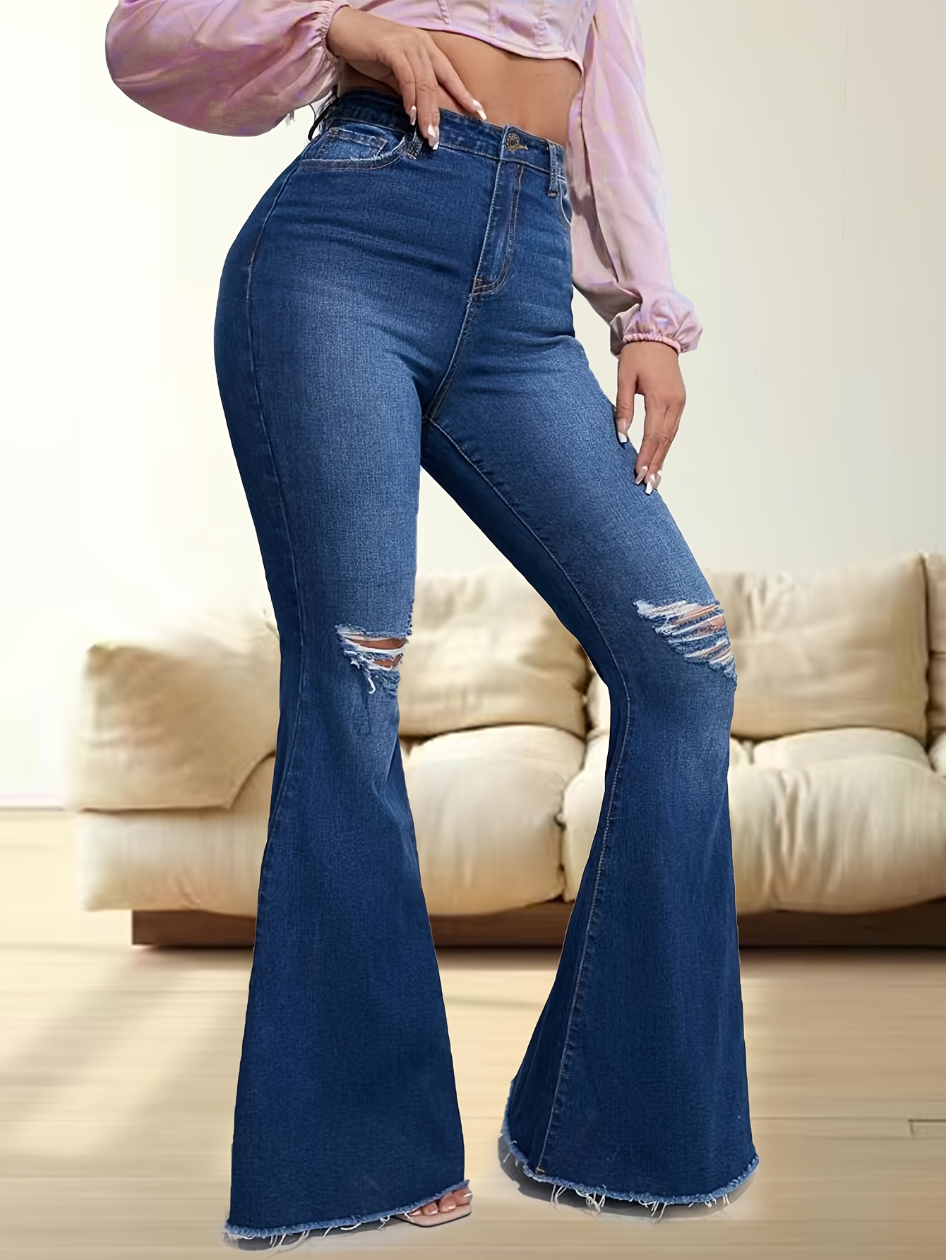 Ripped One Leg High Brown Jeans Bell Bottom Shape - Temu Canada