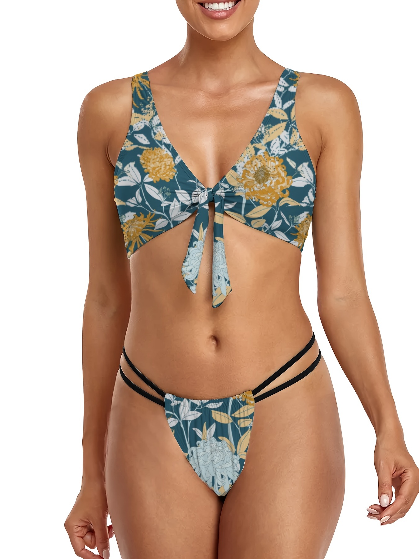 Floral Print Knot Front Bikini Sets Double String Side Thong - Temu