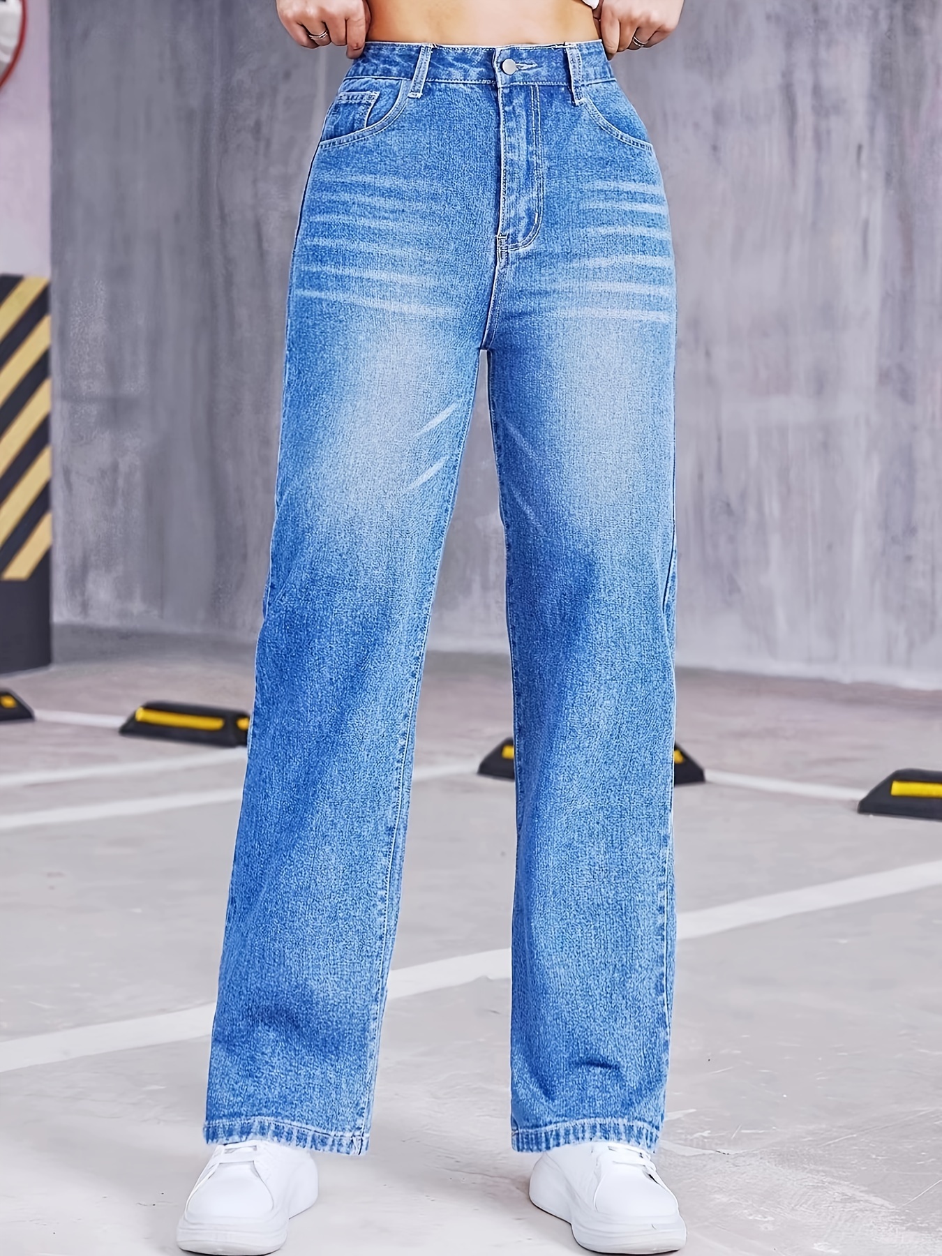 Loose Fit Versatile Mom Jeans, Slant Pockets Non-Stretch Casual Tapered  Jeans, Women's Denim Jeans & Clothing