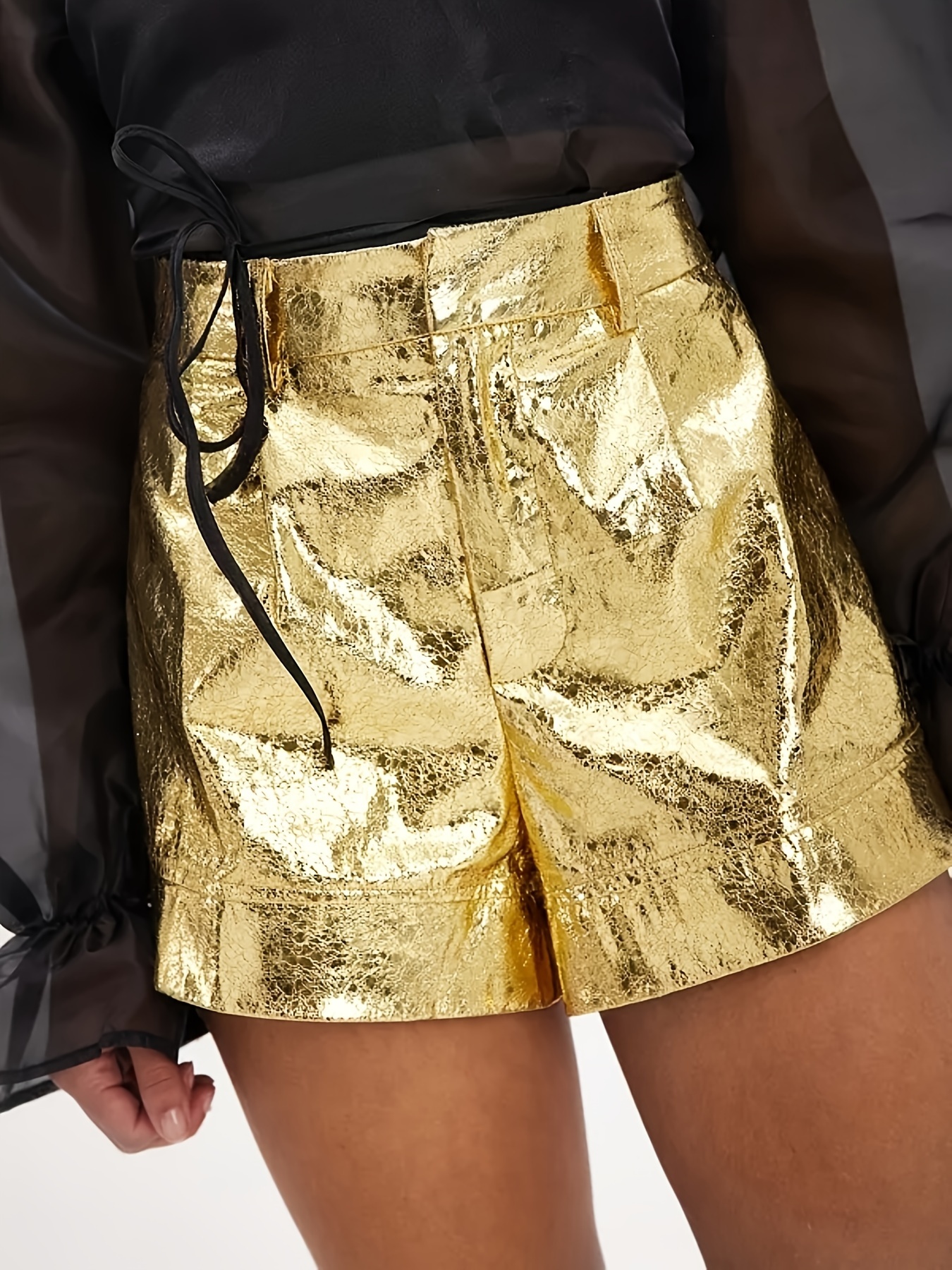 Women's High-Waisted Metallic Golden PU Leather Shorts Stylish Zippered  Casual Wear for Spring/Summer/Fall, Glossy Machine Washable Shorts