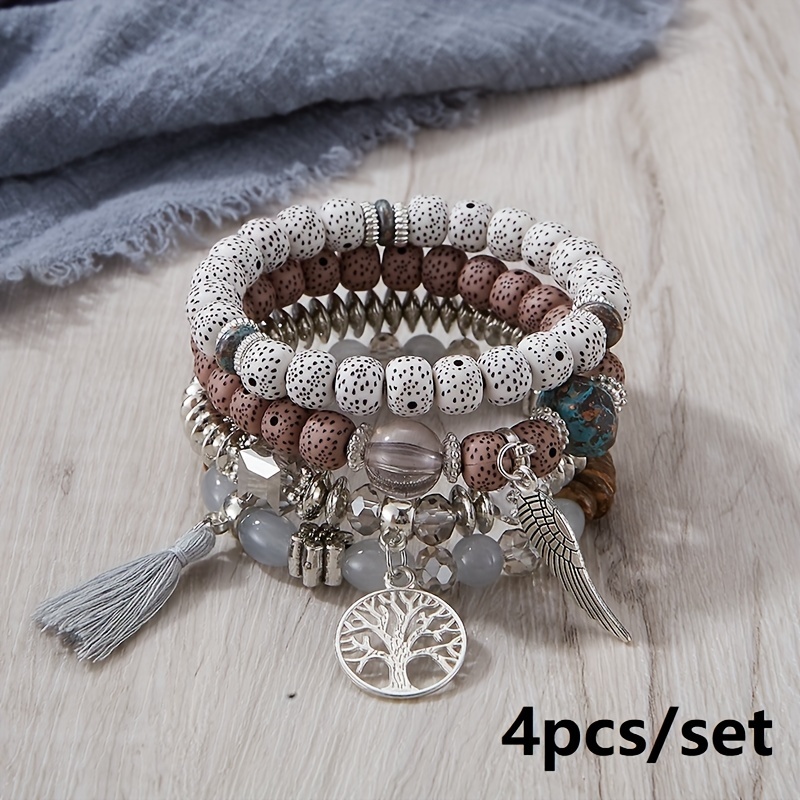 4pcs/set Bohemian Hand String, Tree Of Life Feather Wings Pendant Bracelet,  Tassel Couple Handmade Unisex Bracelet