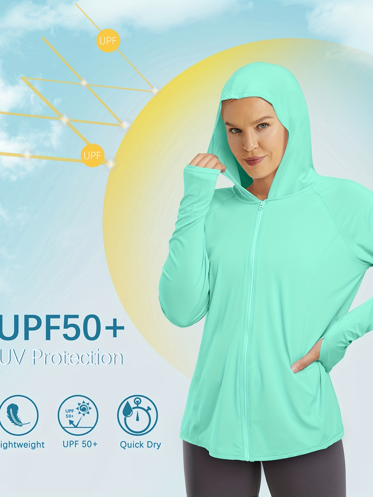 UPF50+ UV Sun Protection Clothing Women Men Zip Up Hoodie Long Sleeve  Breathable 