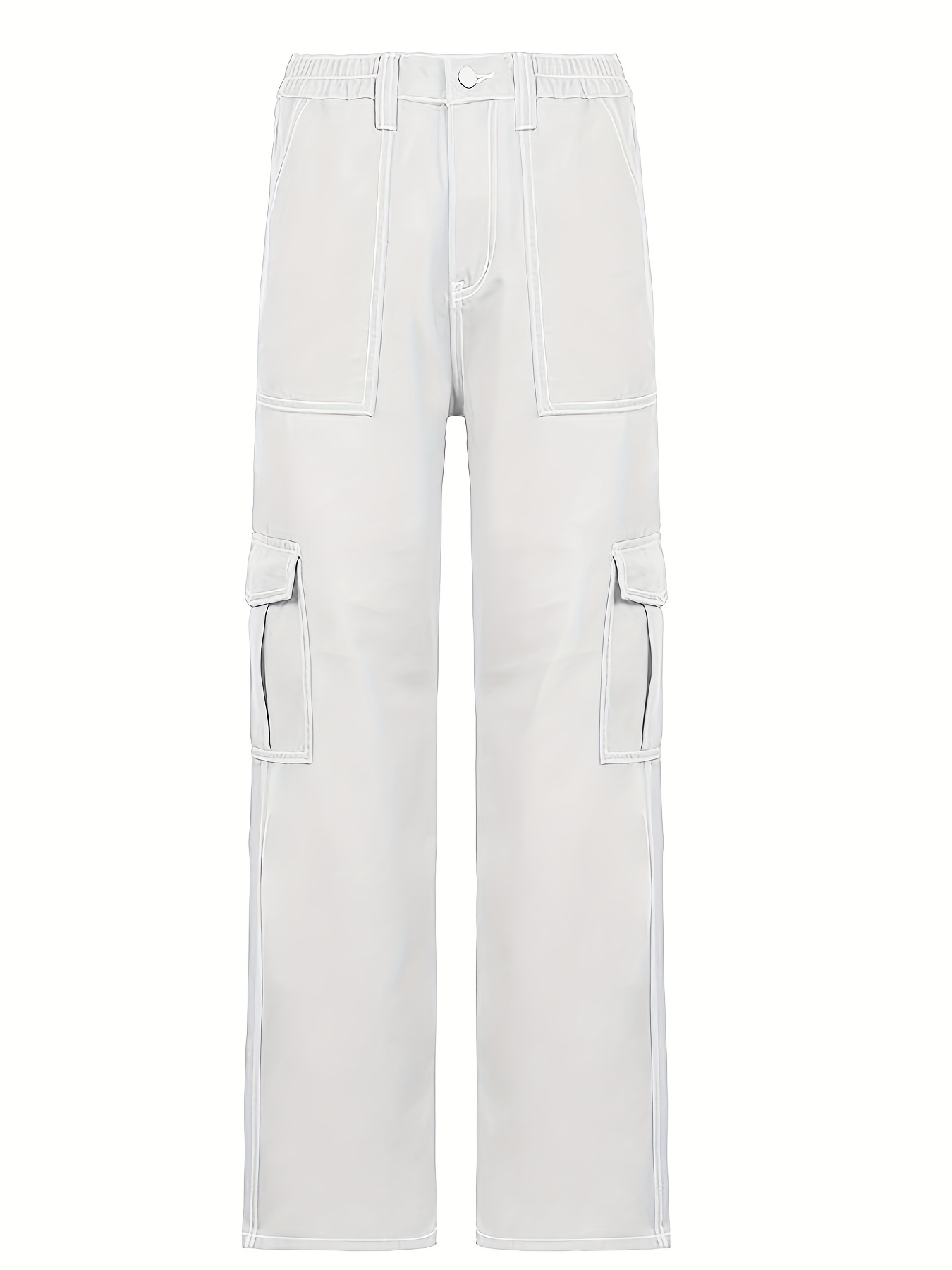 Side Flap Pocket Loose Solid Color Cargo Jeans Elastic - Temu