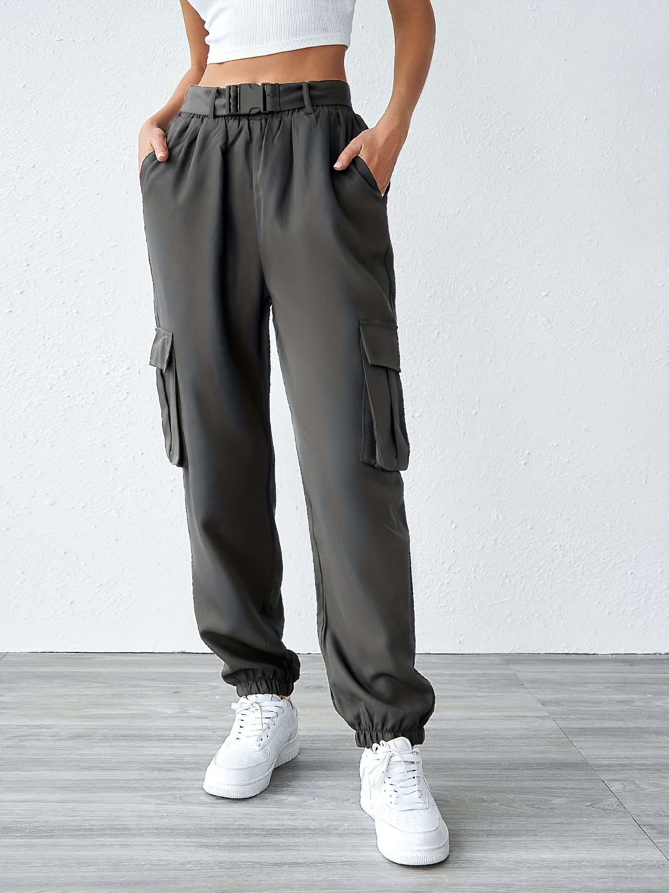 Solid Flap Pocket Jogger Cargo Pants Vintage Belt Fashion - Temu Australia