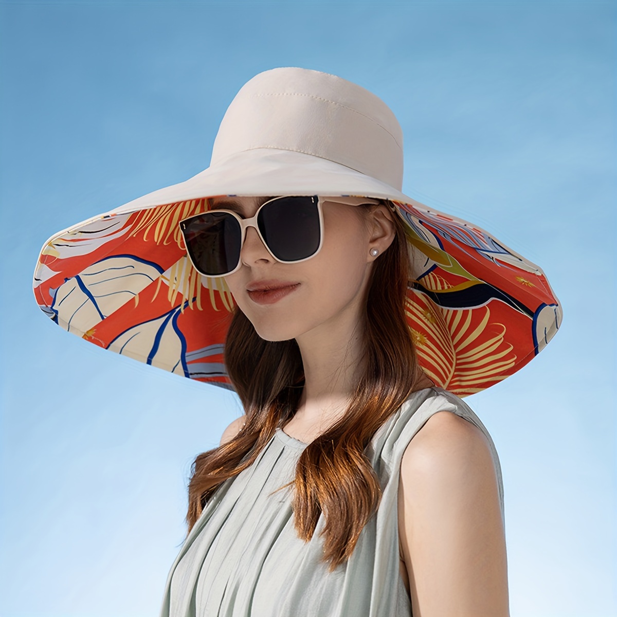 Summer Wide Brim Hats Women Elegant Flower Print Reversible - Temu