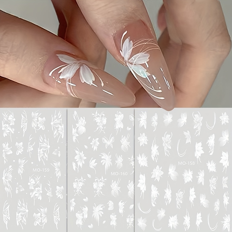 

3pcs Embossed Nail Art Stickers 5d White Camellia Frost Flowers Petal Design Decals, Nail Art Supplies For Women And Girls