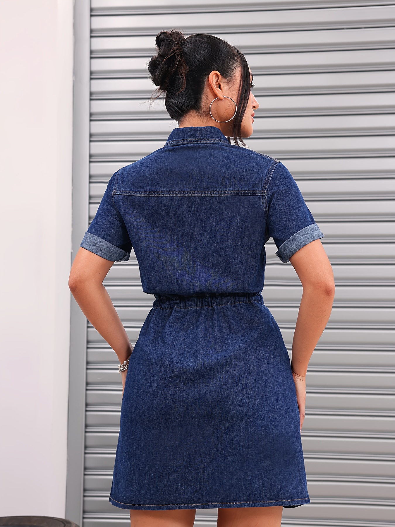 Women Denim Casual Drawstring Pocket Loose Pinafore Dress - ShopperBoard
