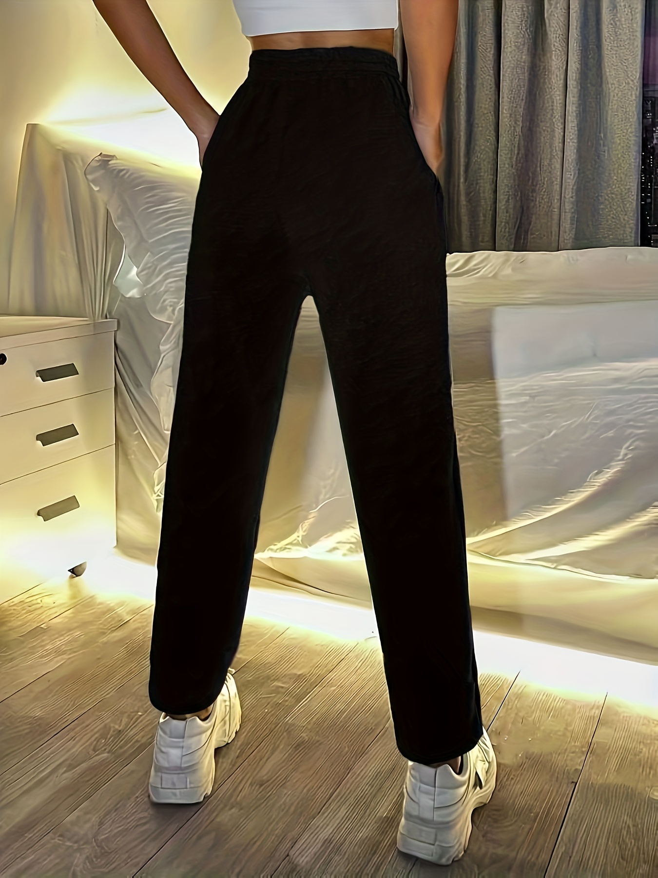 Ribbed High Waisted Drawstring Side Pocket Casual Joggers