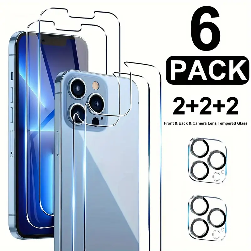 [6 Packs] For IPhone 15 Pro Max/15 Pro/14/13 Pro Max/12/11 Pro Tempered  Glass Film Front & Back Protector + Camera Lens Protector, 9H Hardness  Ultra H
