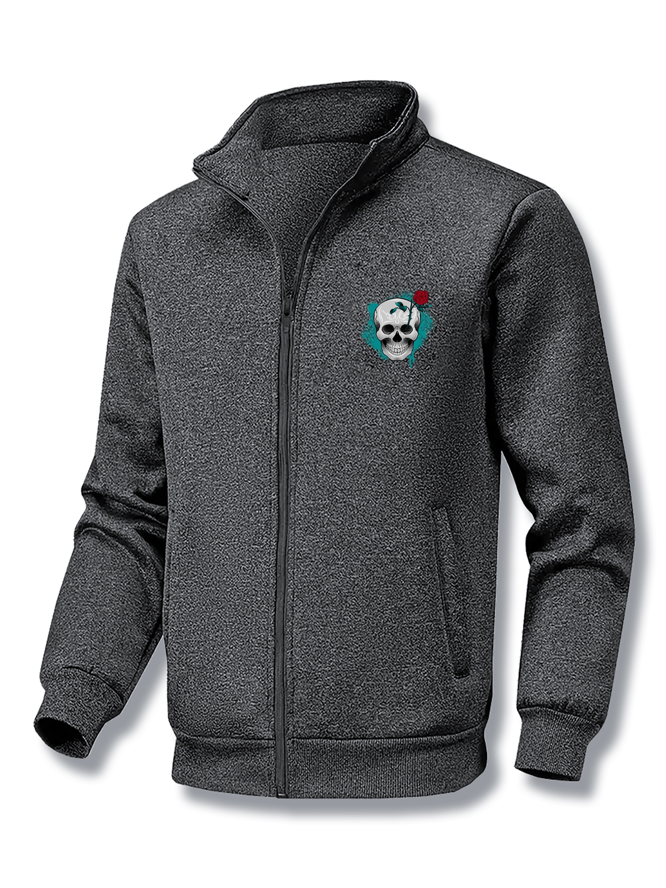 Halloween Plus Size *'s Anime Skull Rose Print Baseball Jacket For  Autumn/winter, Fashion Casual Band Collar Jacket For Males *'s Clothing