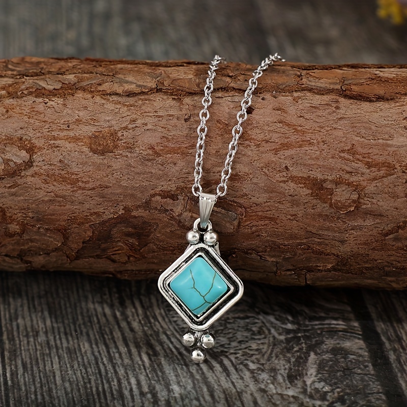 TEMU New Retro Square Turquoise Necklace For Cross-border Europe And America