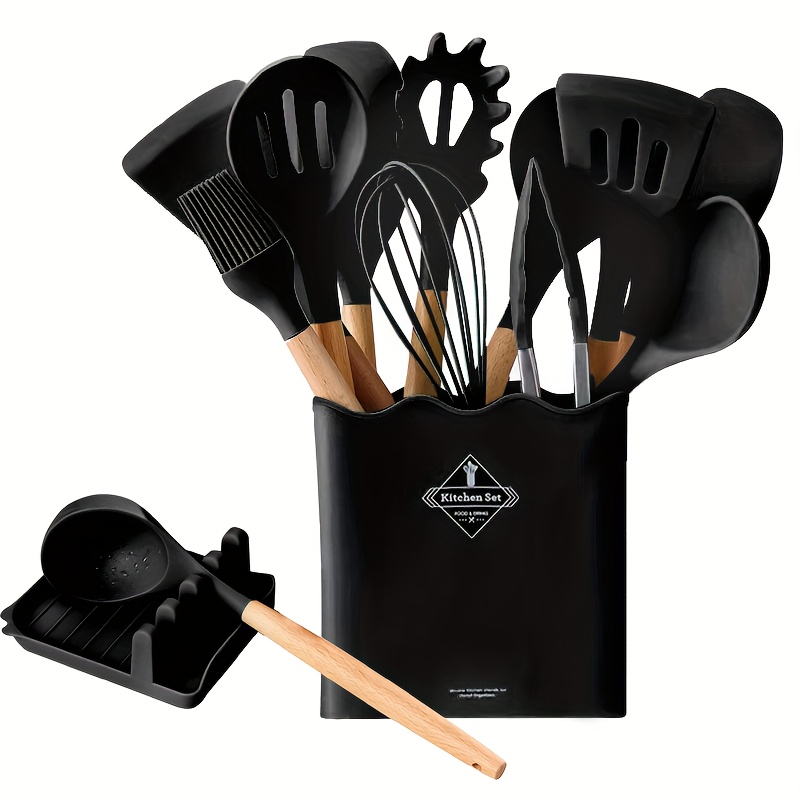 34pcs Silicone Cooking Utensils Set, 446f Heat Resistant Wooden Handle Cooking Kitchen Utensils Spatula Set with Holder for Nonstick Cookware