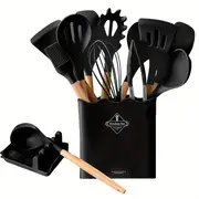16pcs set silicone cooking utensils set heat resistant kitchen utensils turner tongs spatula spoon brush spoon rest wooden handle kitchen cooking utensils with holder for nonstick cookware dishwasher safe bpa free chrismas halloween gifts details 0