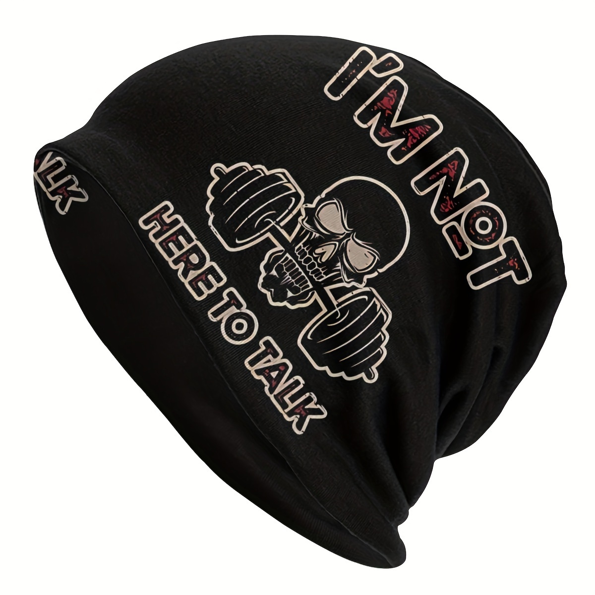 TEMU Gym Brimless Beanie Street Style Hat Men's Skull Polyester Fiber Sports Hat With 2d Print Design