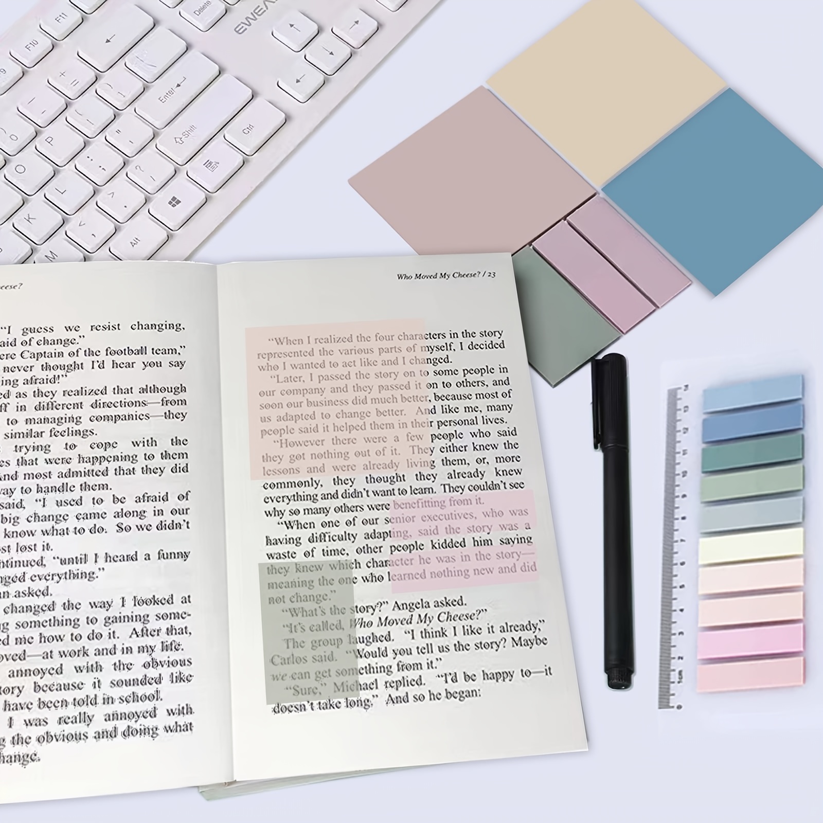 Sticky notes for book annotation.  Page marker, Markers, Sticky notes