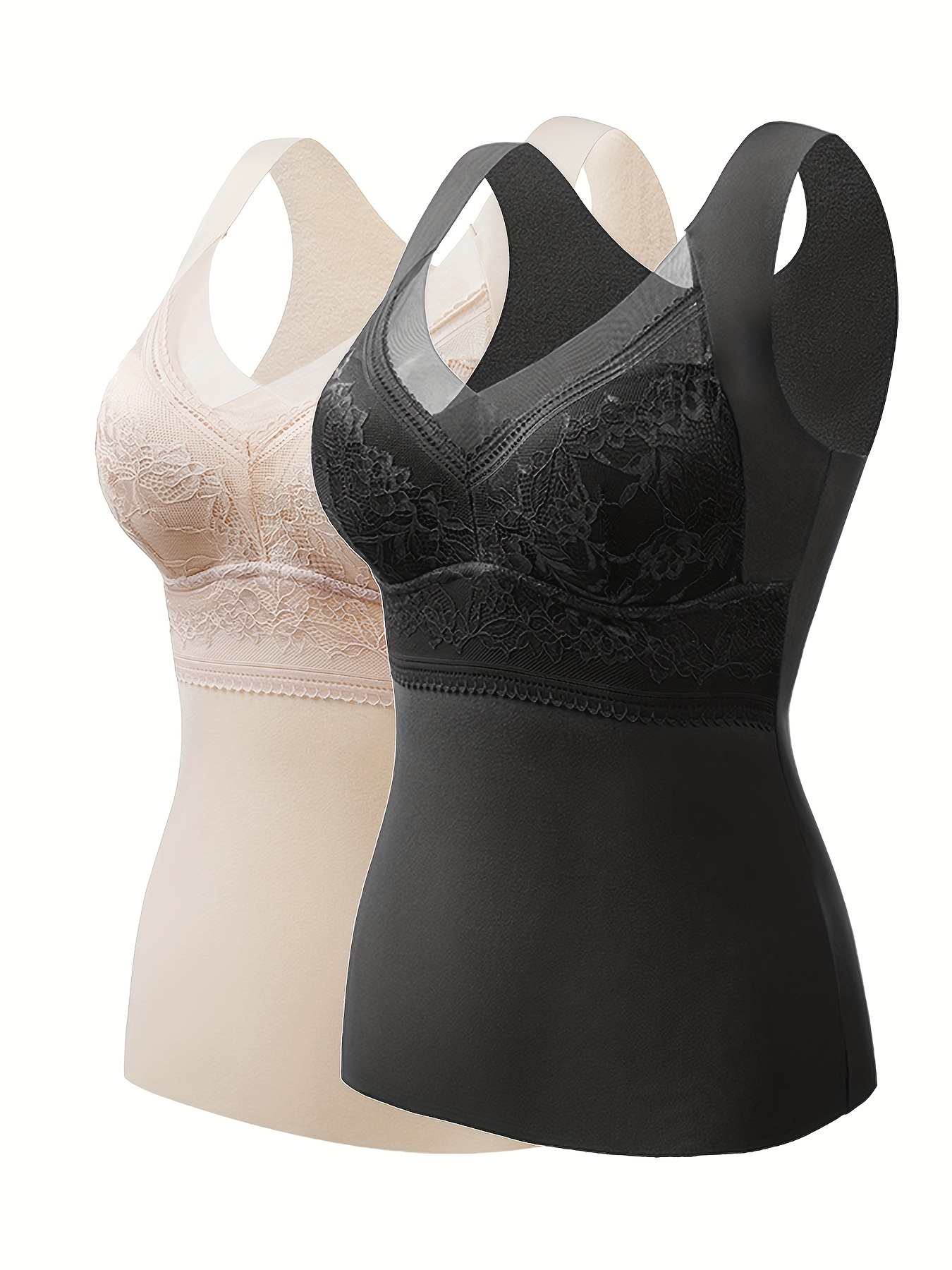 2pcs 2-in-1 Built-in Bra Thermal Tank Top, Lace Decor Carefree Warm Sports  Sleeveless Top, Women's Clothing