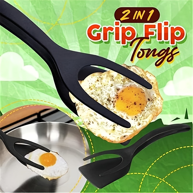Kitchen 2 In 1 Nylon Grip Flip Tongs Egg Spatula Tongs Steak