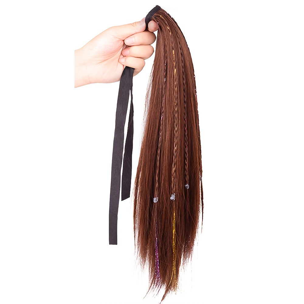 Brown Long Straigh Hair w Braid and Ribbon