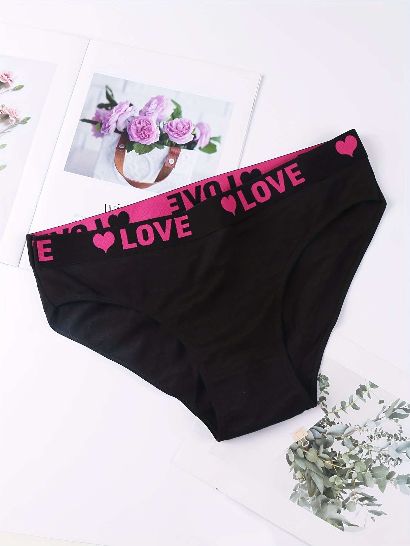 6 Pack Plus Size Casual Panties Set, Women's Plus Love Letter Tape Medium  Stretch Panties Six Piece Set