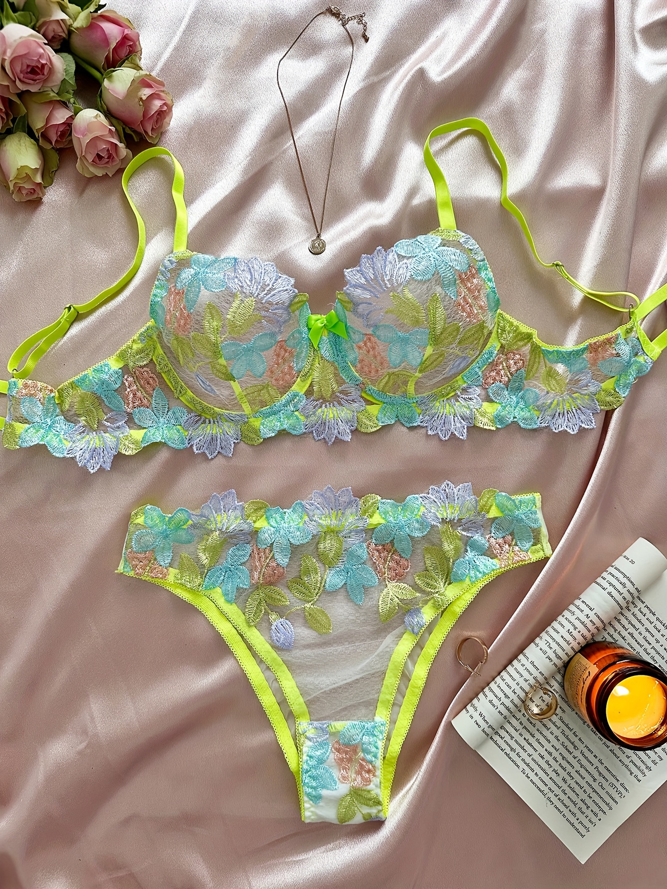 Floral Embroidery Lingerie Set, Bow Tie Push Up Bra & Mesh Panties, Women's  Sexy Lingerie & Underwear