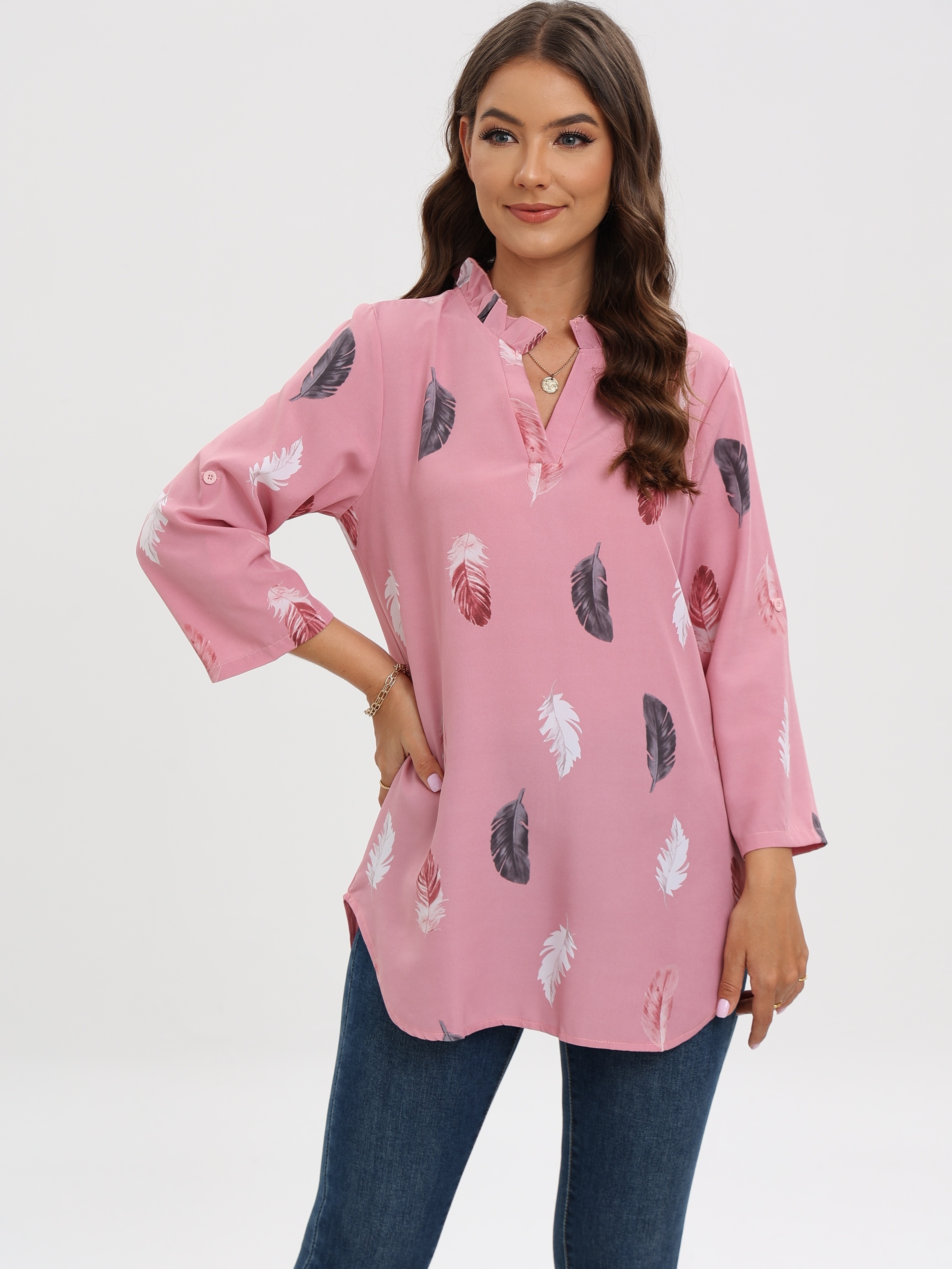 Quarter Zip up V-Neck Feather Graphic Tunic Tops to Wear with