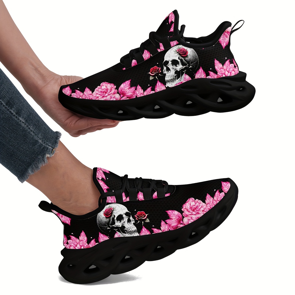 Skull Rose Pattern Soft Thick Sole Shock Absorption Sneakers - Temu