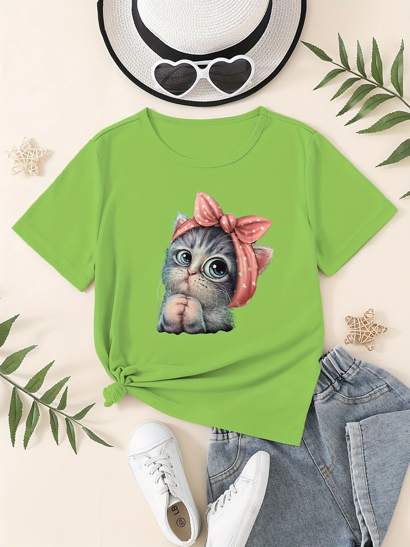 Girls Cat With Bow Print Short Sleeve T Shirt, Loose Crew Neck Tees, Kids  Clothes Summer