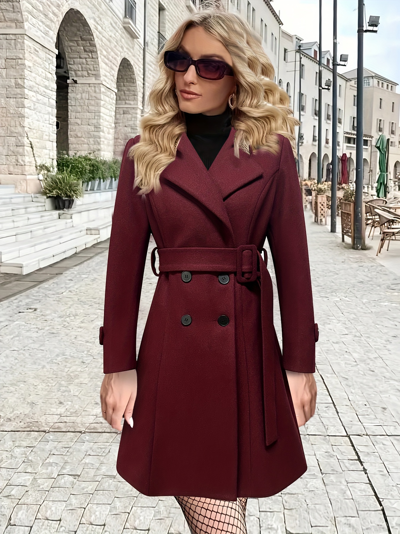 Solid Button Down Long Sleeve Lapel Belted Pea Coat Fashion - Temu