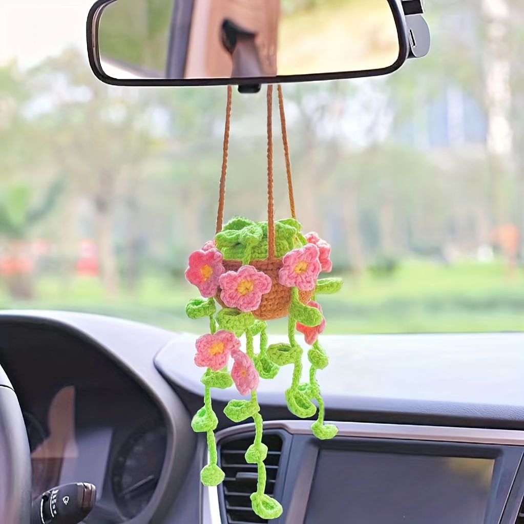 Crochet Hanging Plant for Car, Cute Car Plant Accessories, Knitted Plant  Car Mirror Hanger, Boho Car Plant Crochet Hanging Basket (C)