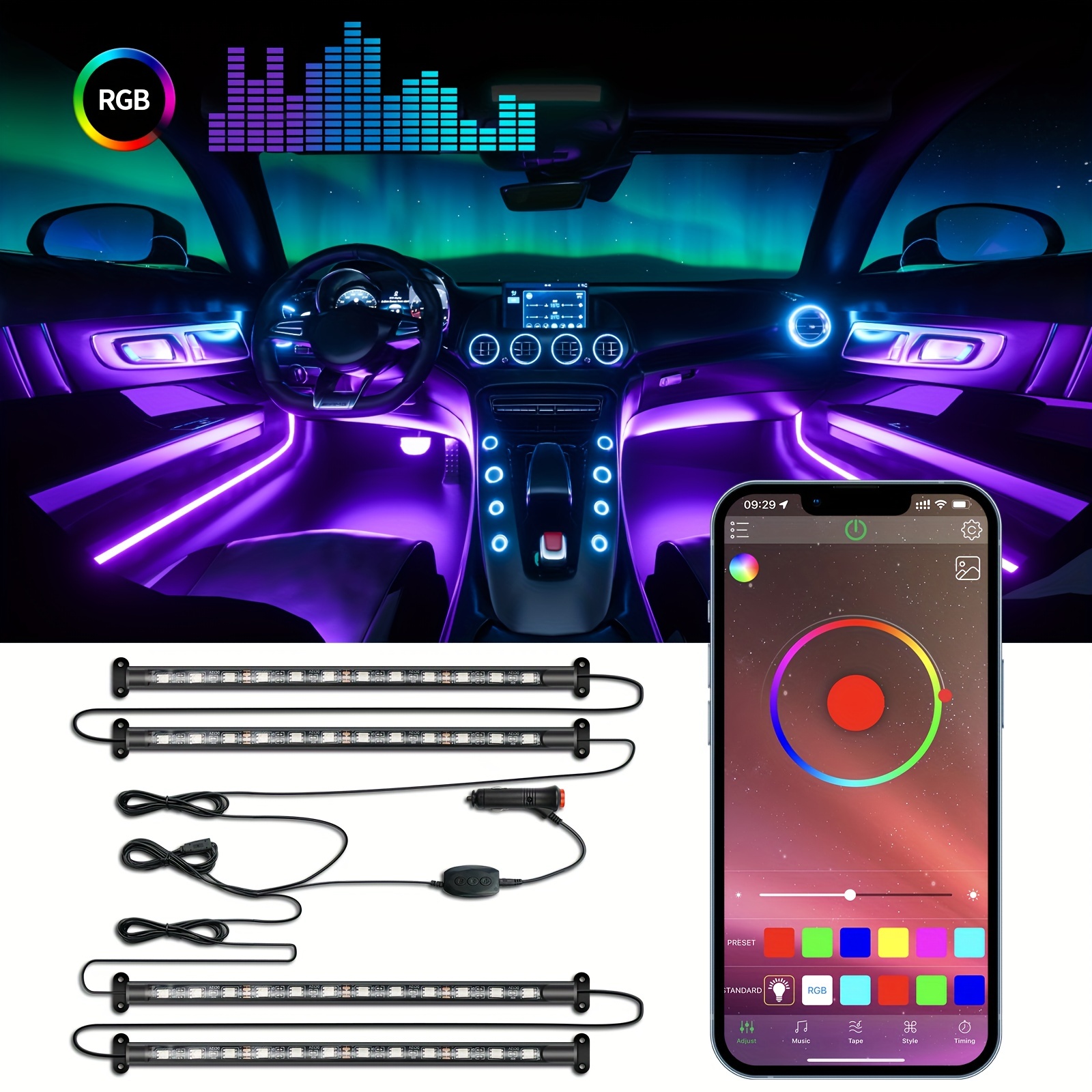 New Symphony LED Car Ambient Mood Lights 64 Color RGB APP Sound