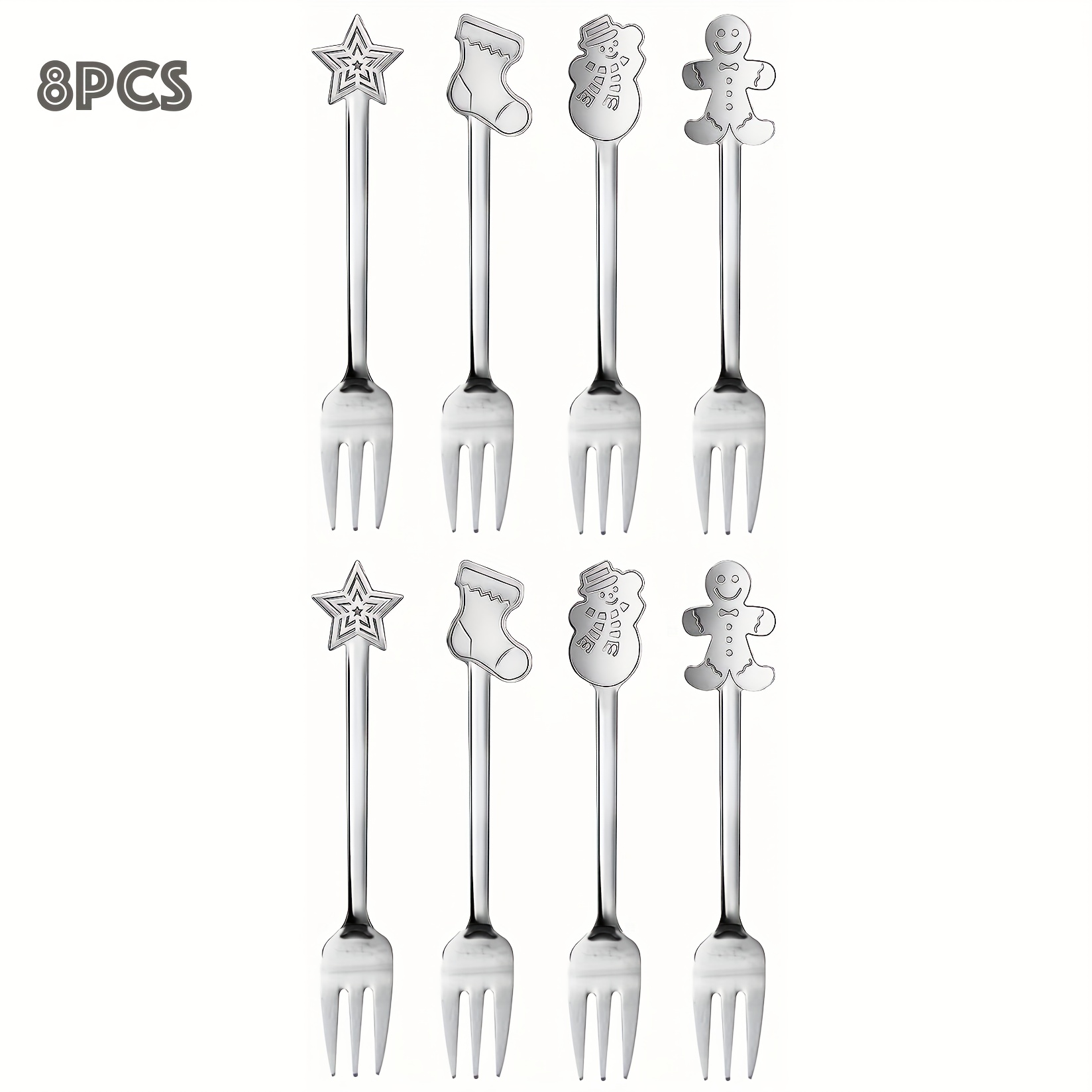 8pcs Christmas Dessert Fork Set - Stainless Steel, Cute Star/sock/snowman/gingerbread Designs, Perfect For Holiday Parties & Gifts, Mirror Polished, Dishwasher Safe