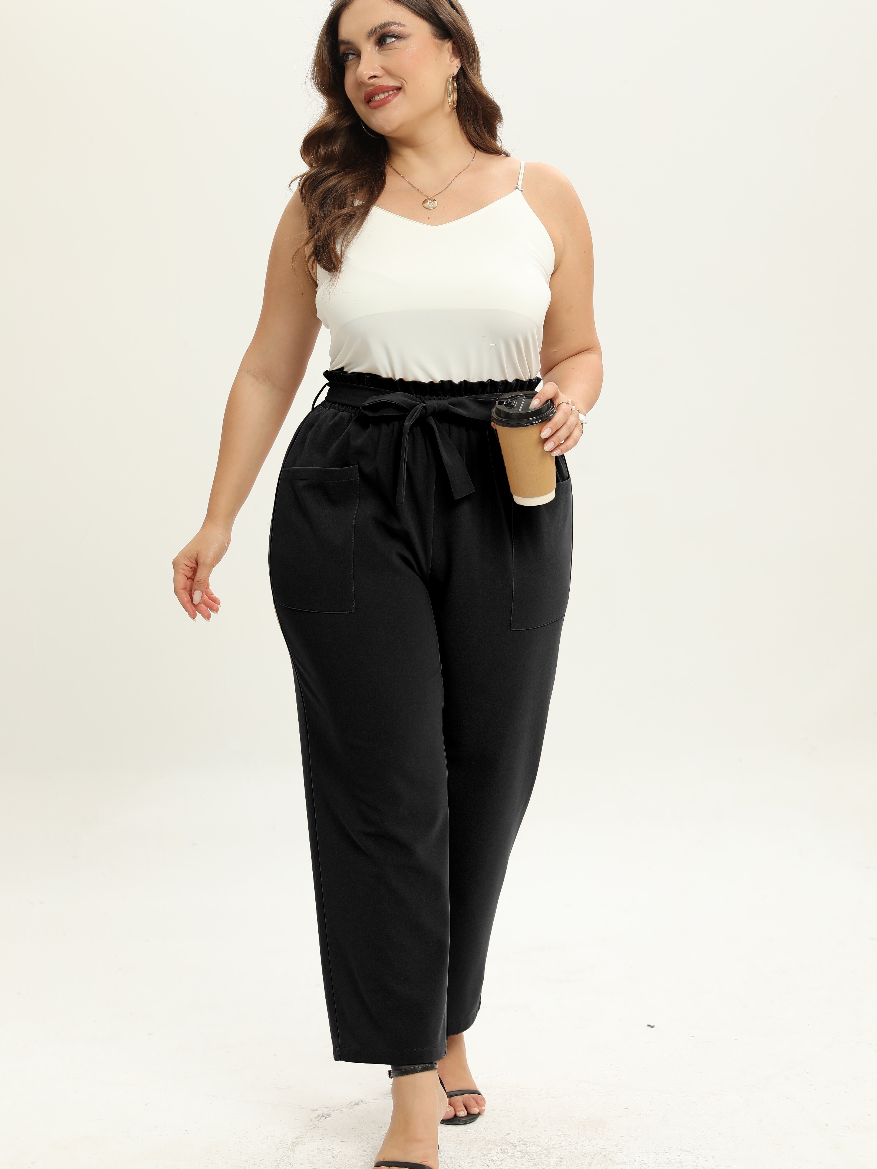 Casual Solid Straight Leg Black Plus Size Pants (Women's)