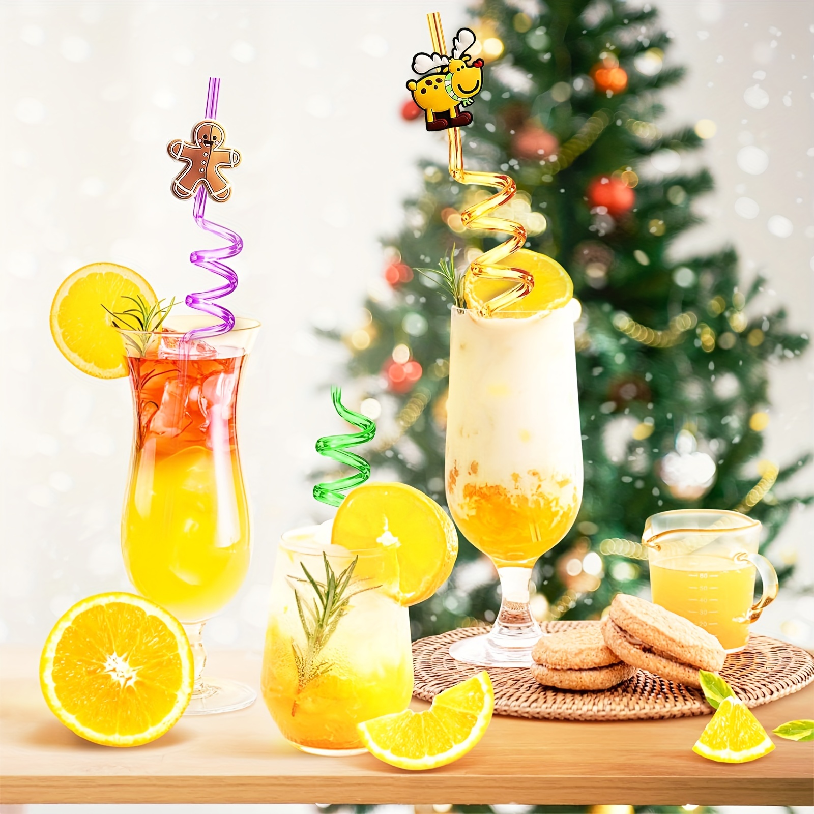 24 Pcs Christmas Party Favors Drinking Straws Reusable Xmas Plastic Straw with Cartoon Decoration for Kids Christmas Party Supplies for New Year