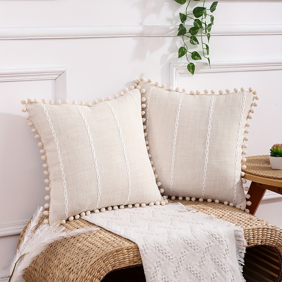 

2pcs/set, Double Side Embroidery Pillow Cover Pom Pom Cushion Cover Living Room Home Decoration No Insert