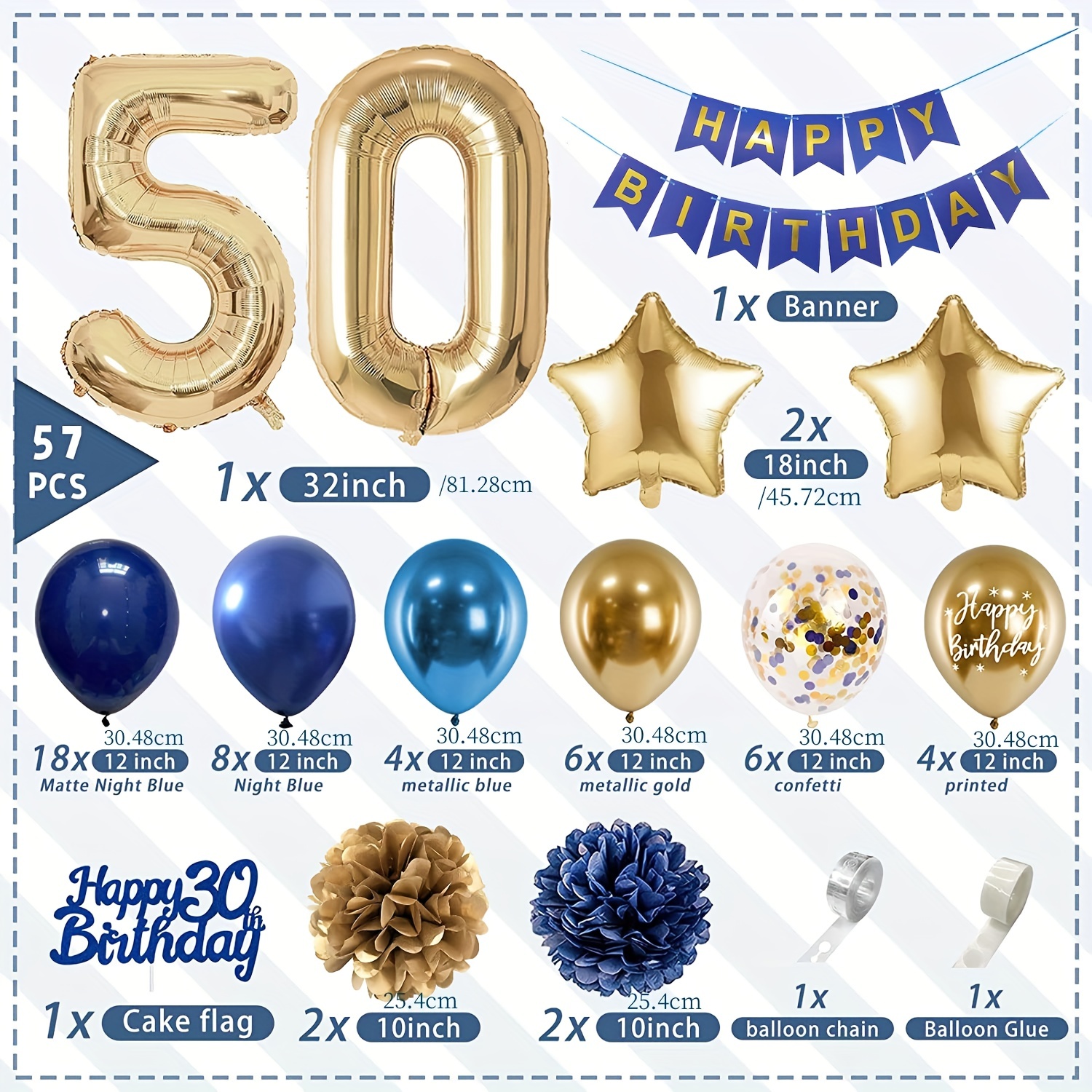 Decoraciones de fiesta de feliz cumpleaños número 50 azul marino