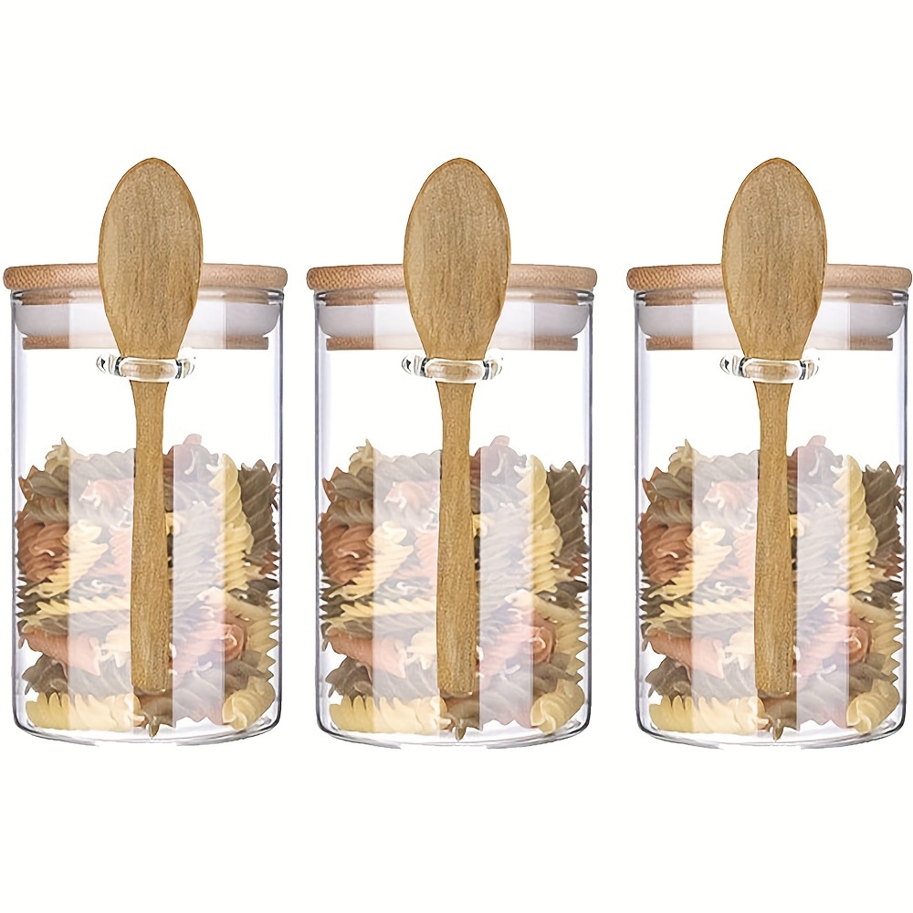 Set of 3 Glass Spice Jars With Bamboo Lids and Spoon on a Bamboo Tray 350ml  