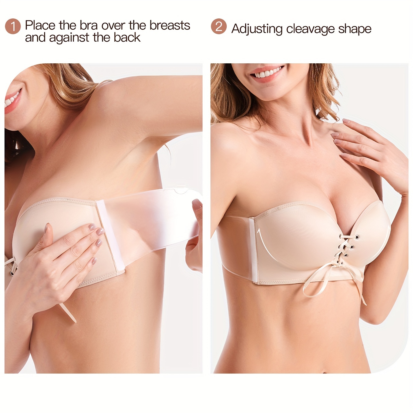 Ladies Low Cut Strapless Adhesive Push Up Bra Open Back Adhesive Bra Sports  Bras Padded (Beige, L)