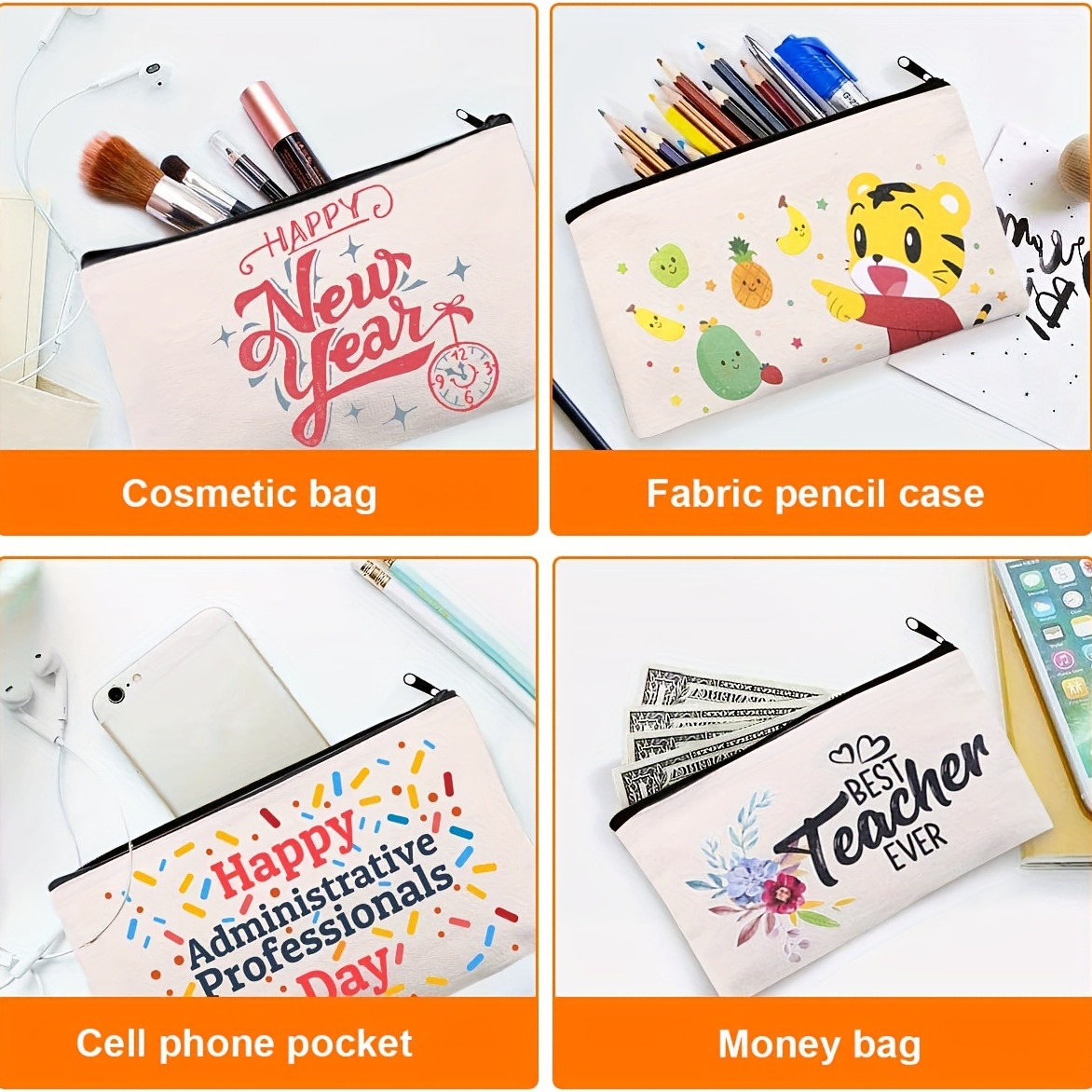 10pcs Blank Canvas Zipper Pouch Bulk, Makeup Bag Pencil Case For