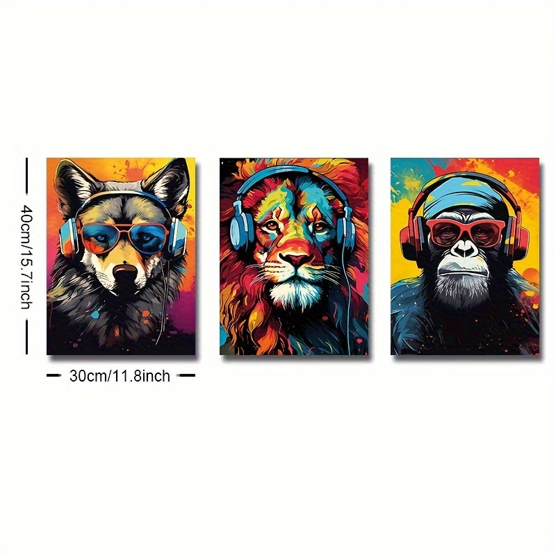 TEMU 3pcs Cartel De Lona, Arte Moderno, Animal De Auriculares Tigre Lobo Chimpancés Juego Pintura Funky, Regalo Ideal Para Dormitorio Sala De Estar