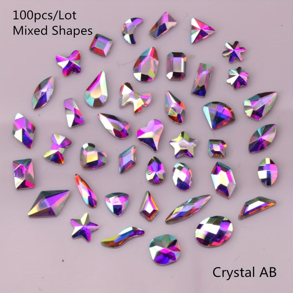 zhaomeidaxi 100Pcs/Set Popular FlatBack Crystals Mix Sizes Multi Shapes  Resin Crystal AB Rhinestones For Nail Art Craft 3D Decorations Flat Back Stones  Gems Set 
