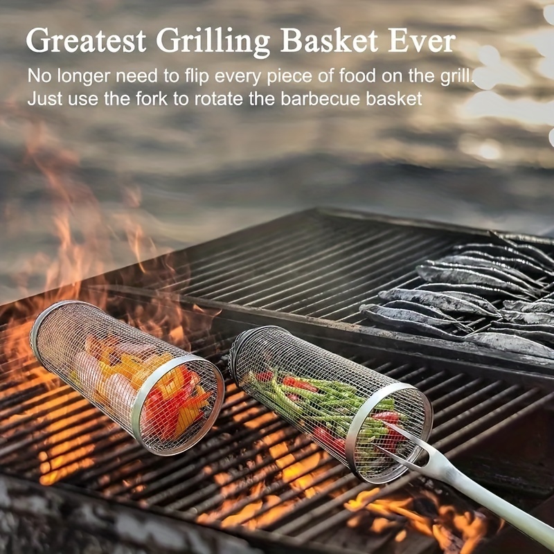 Grill Basket 2 PCS Rolling Grilling Baskets for Outdoor Grilling