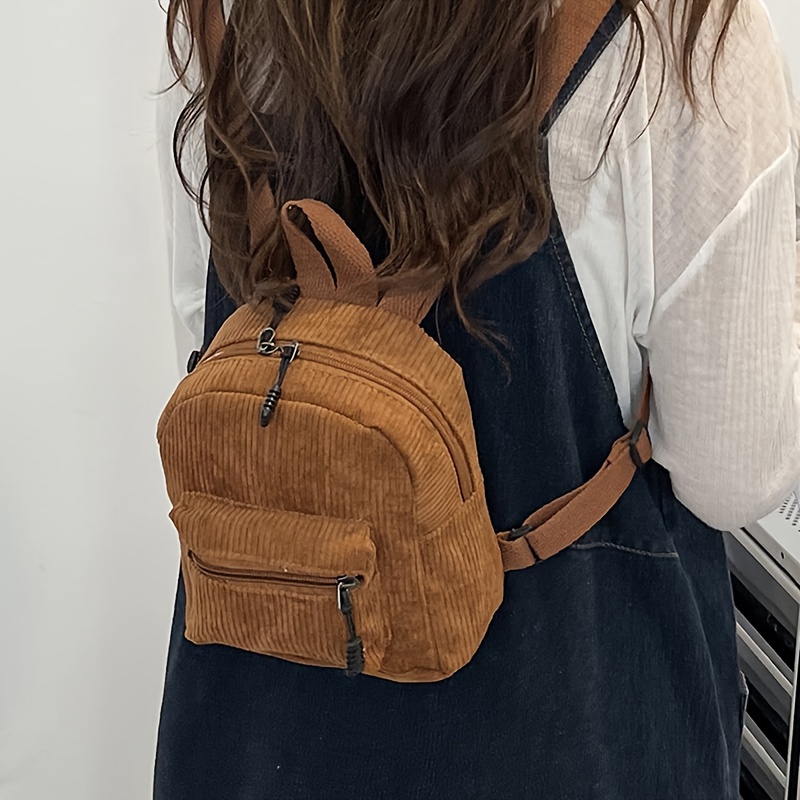 Mochila de pana pequeña con cremallera, bolso de color liso minimalista,  mochila de día a la moda que combina con todo