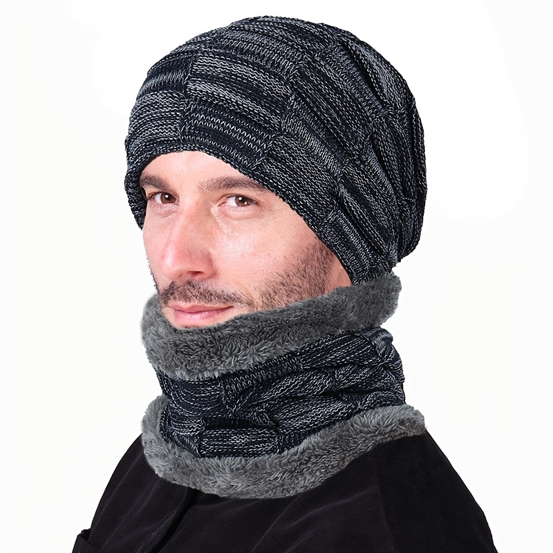 Winter Knit Skull Neck Warmer With Thick Fleece Lined Hat And