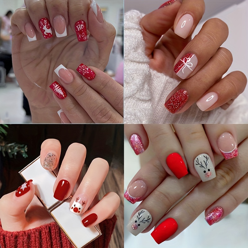 TELAIN Weihnachtliche Press-on-Nägel Kurz & Quadratisch – Rosa Mit Schneeflocken, Inkl. Zubehör