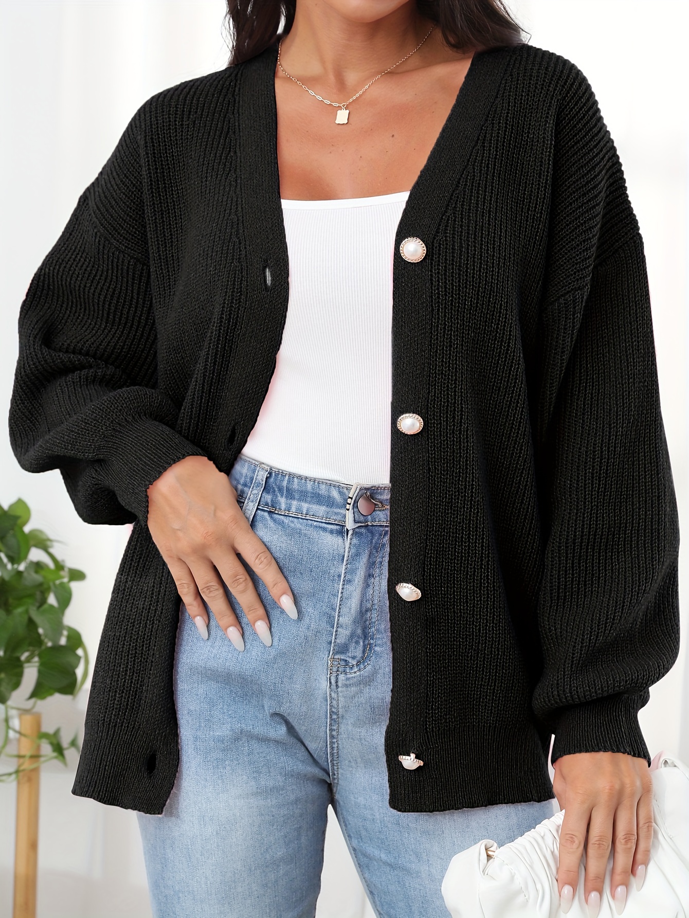 elegant button front solid cardigan lantern sleeve cardigan for fall winter womens clothing