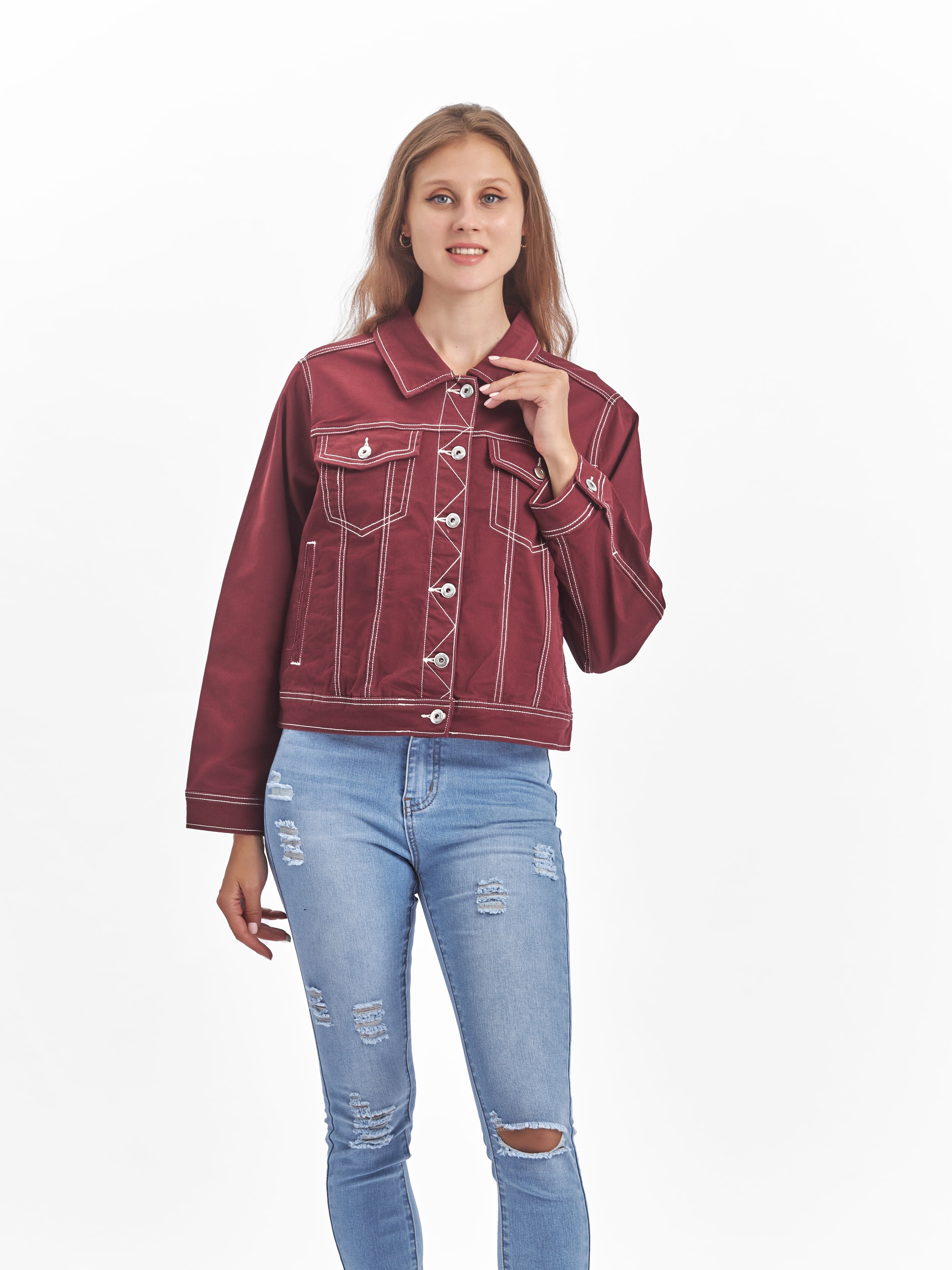 Womens plus size red best sale denim jacket