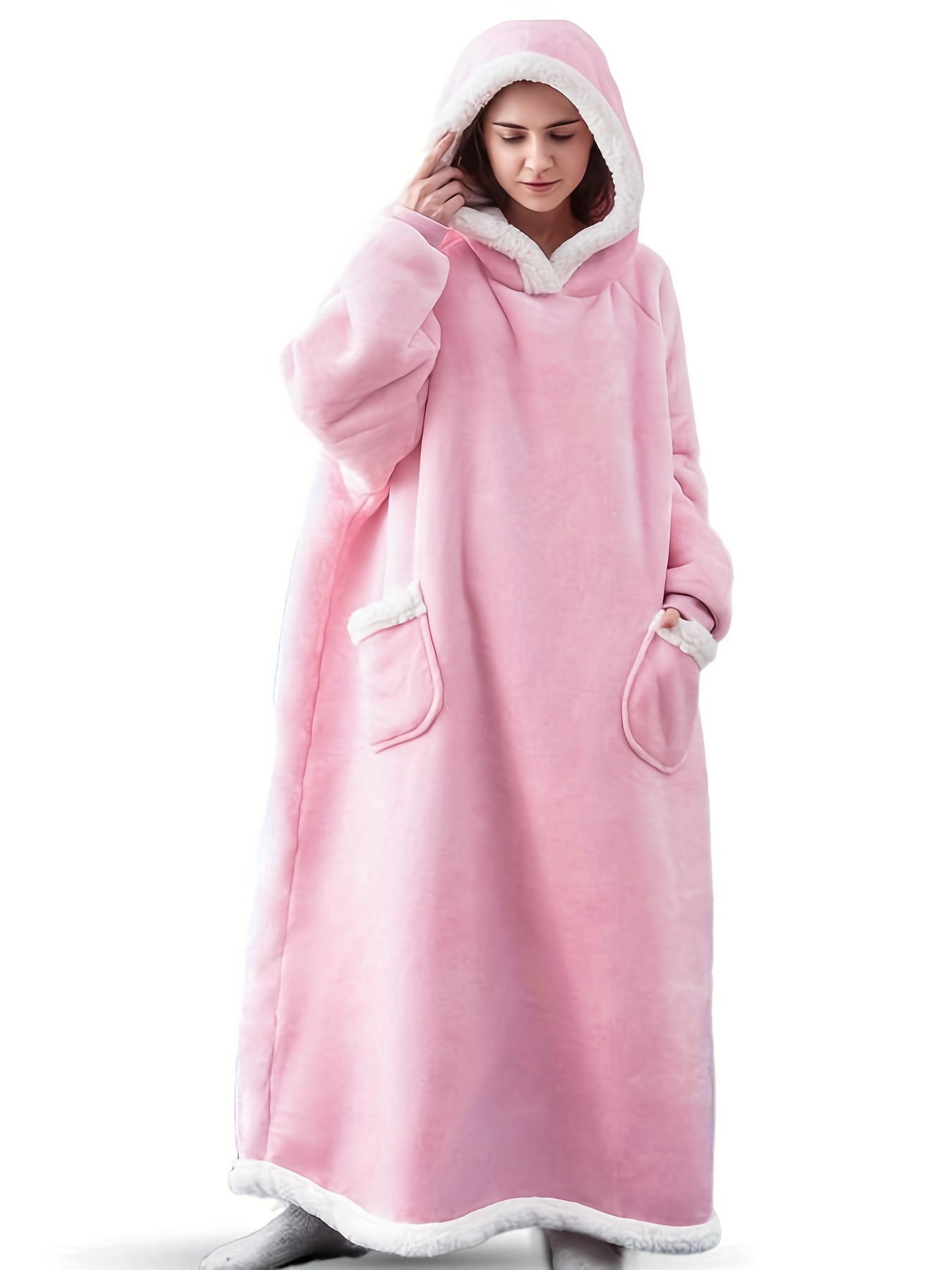 Plush Hooded Robe Warm Comfy Long Sleeve Robe With Pockets - Temu