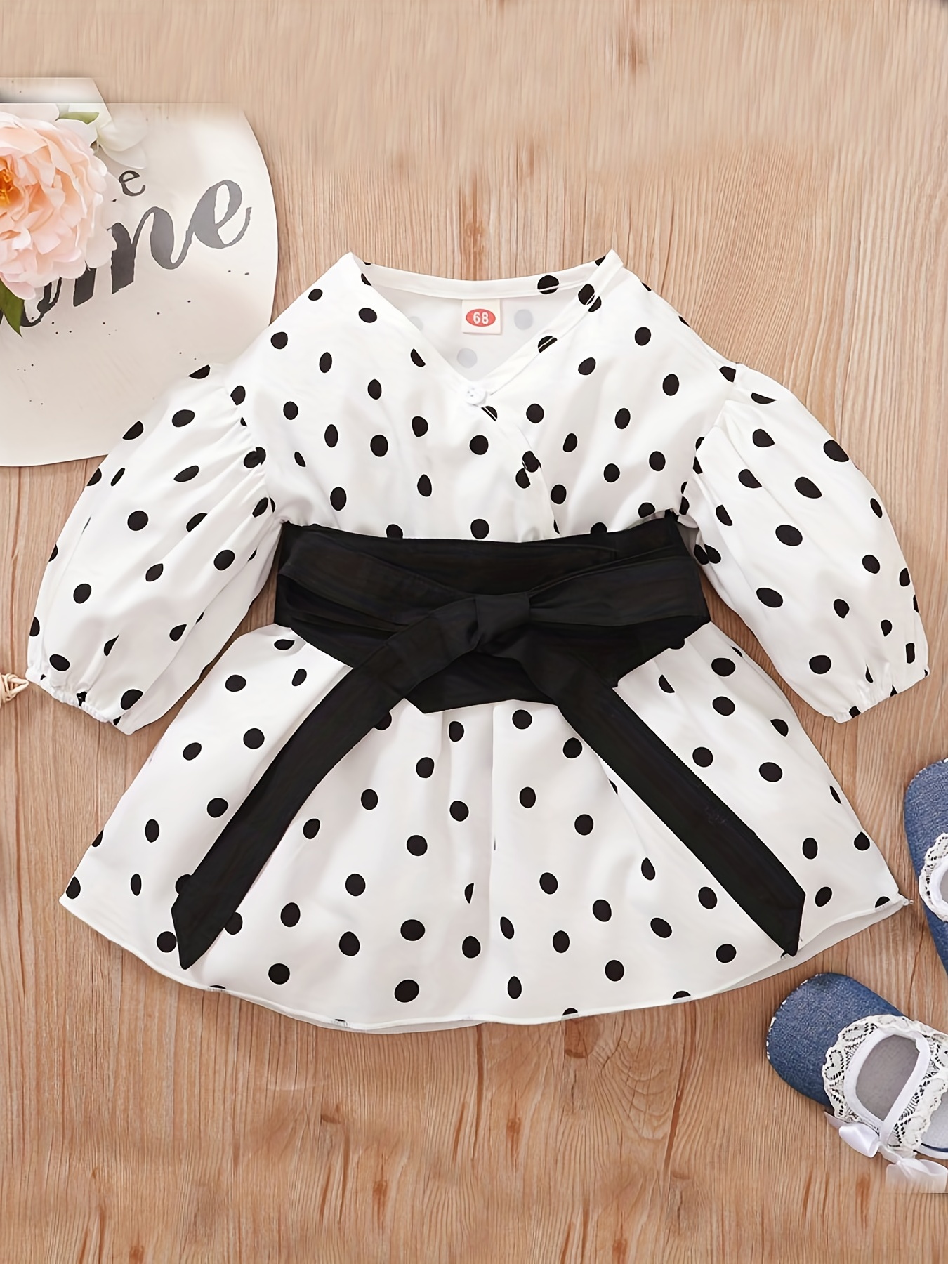 Baby Girl's Cute Polka Dot Print Bow Short Sleeve Dress - Temu