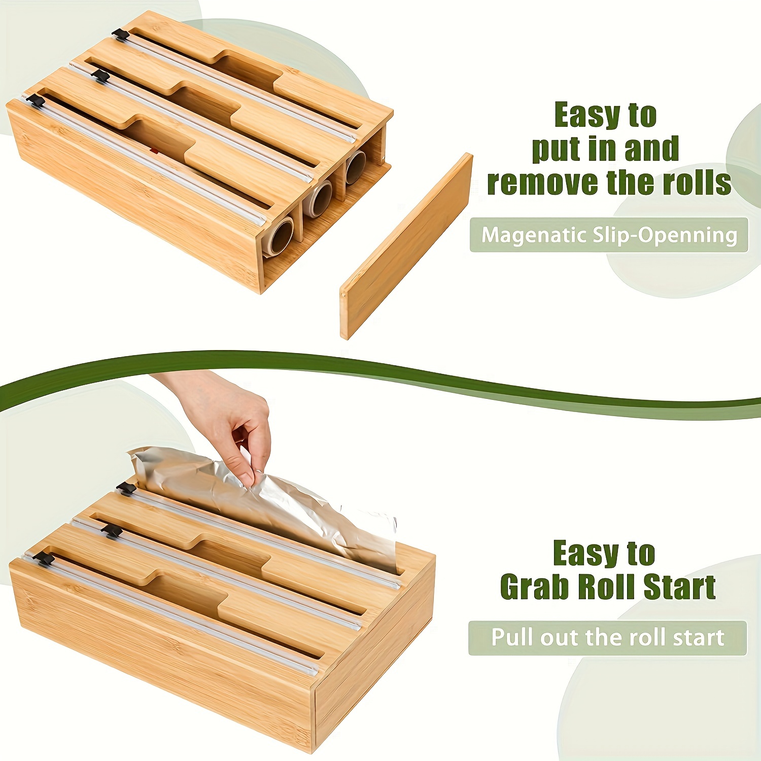 3-in-1 Bamboo Plastic Wrap Dispenser with Cutter, Foil & Plastic Wrap Organizer